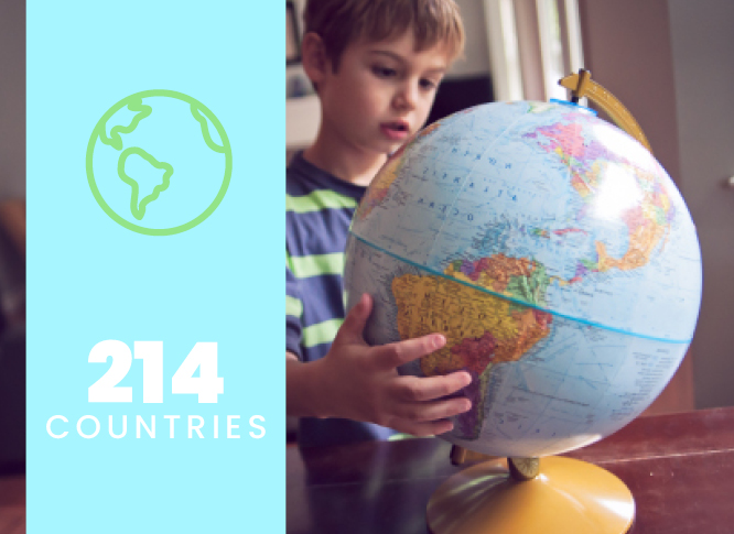 child looking at globe