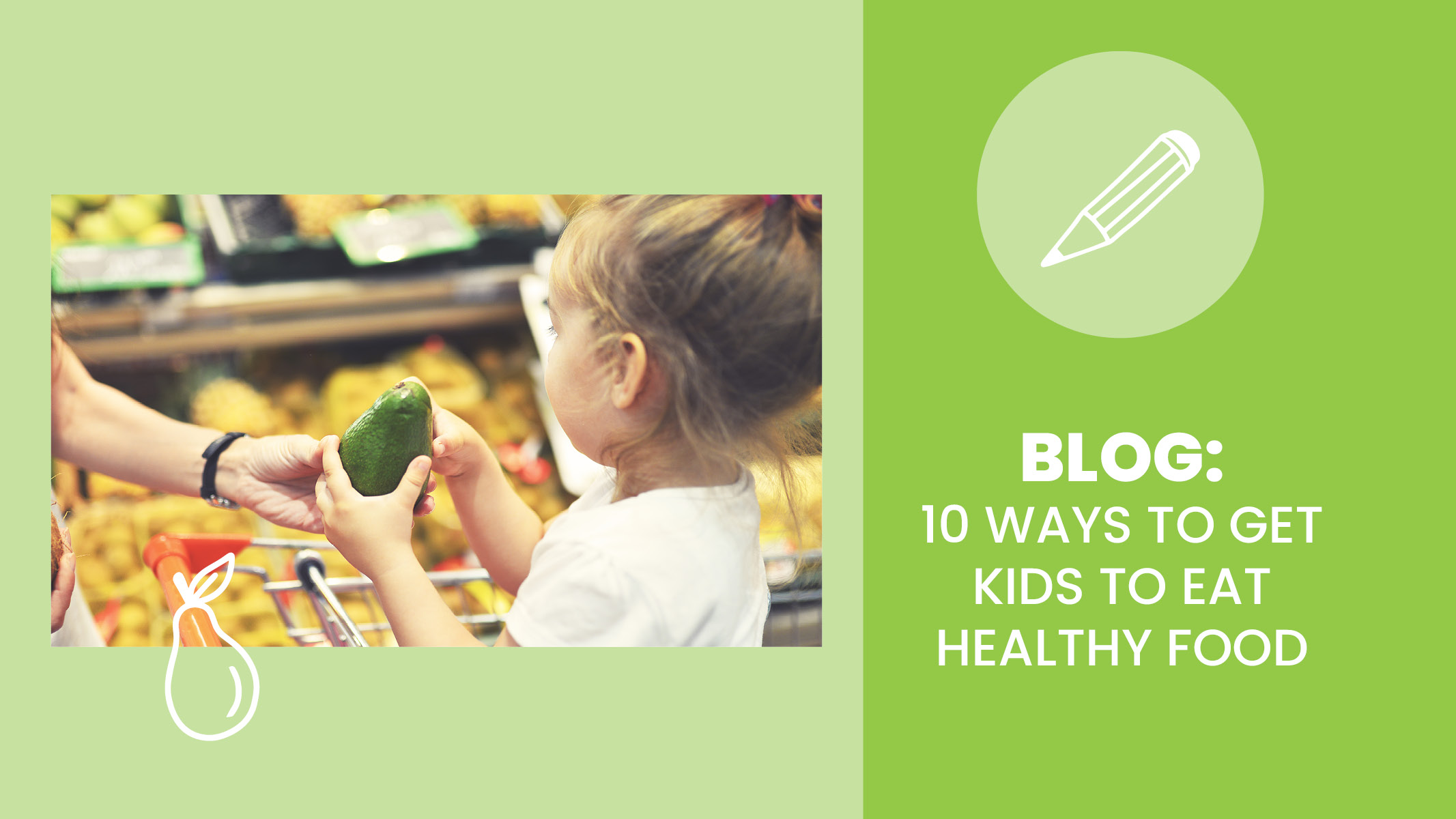 Young child, girl, holding produce in grocery store with parent