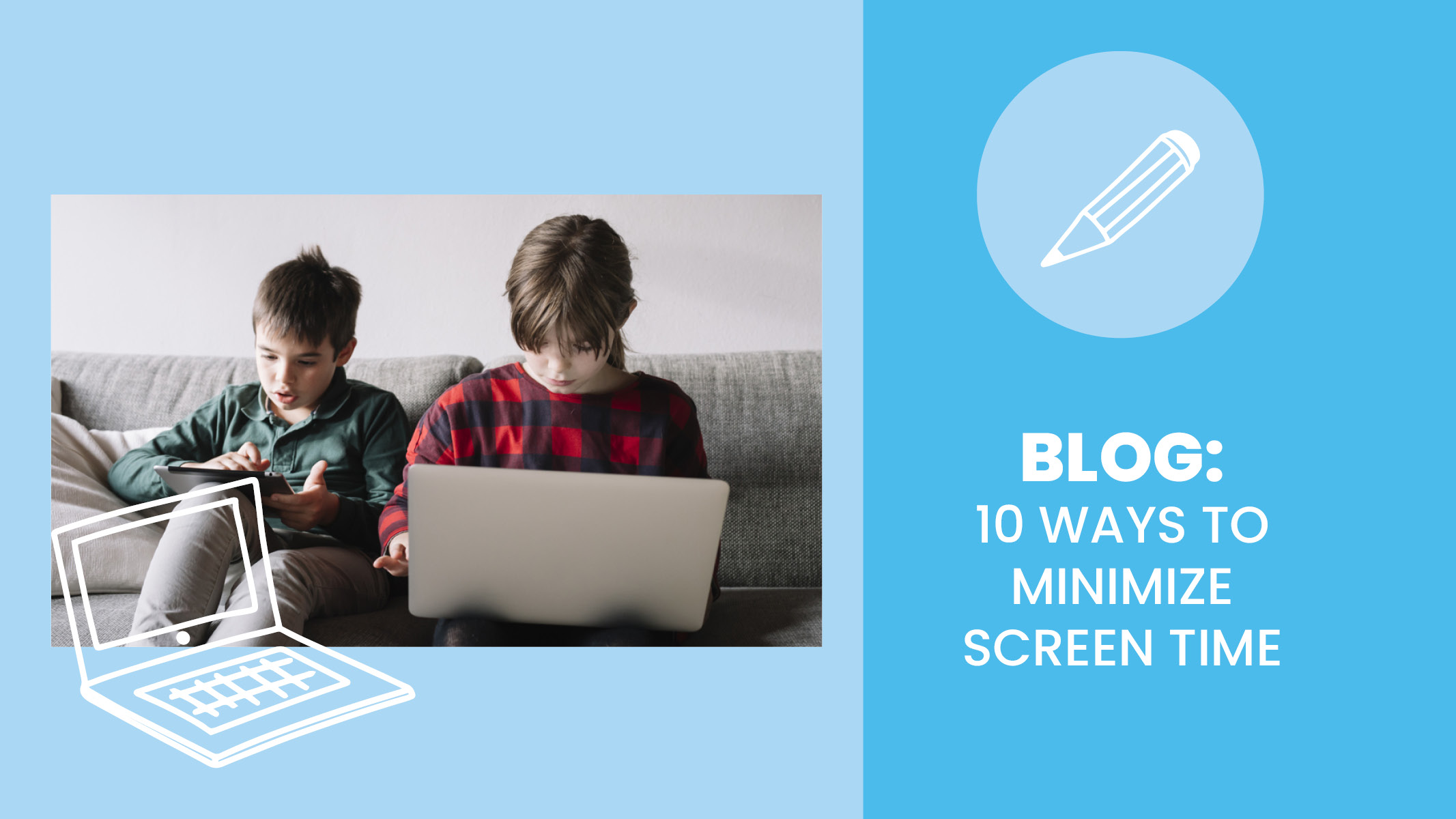Two children, boy and girl, sitting on a couch looking at digital devices, laptop screen and tablet