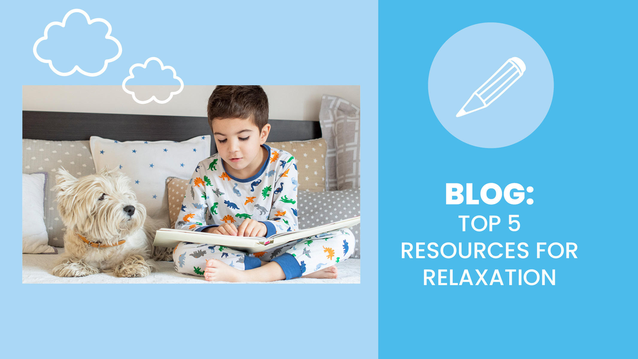 Young child, boy, relaxes in bed with a good book and his dog