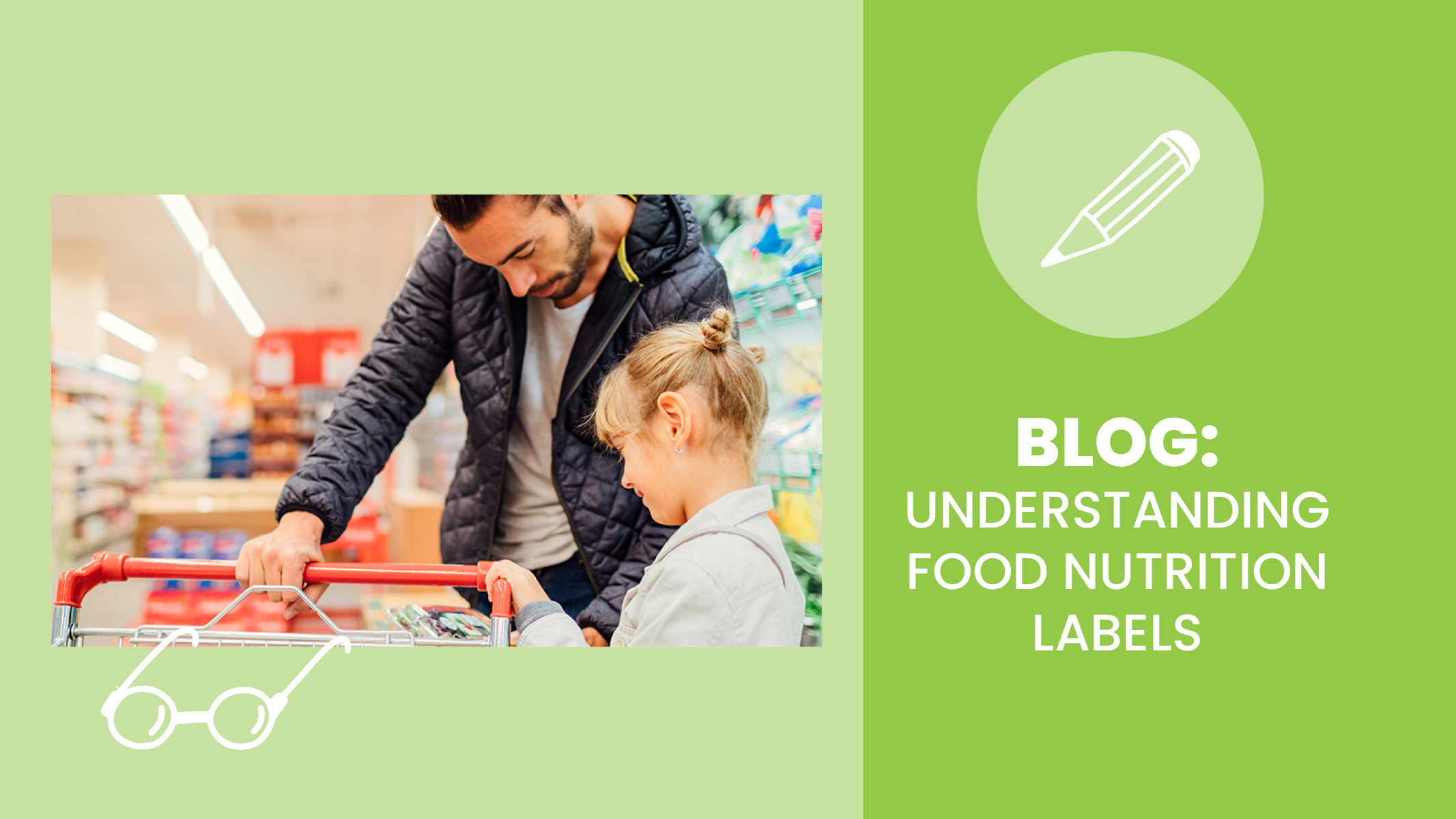 Father and daughter read a nutrition label in the grocery store