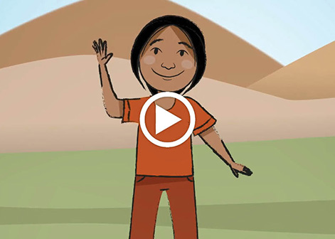 Animated child waves at viewer