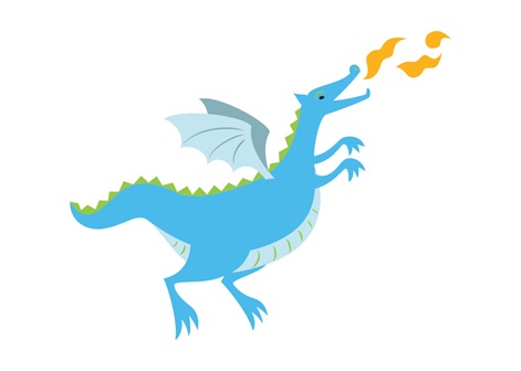 Blue dragon exhales fire and flies away