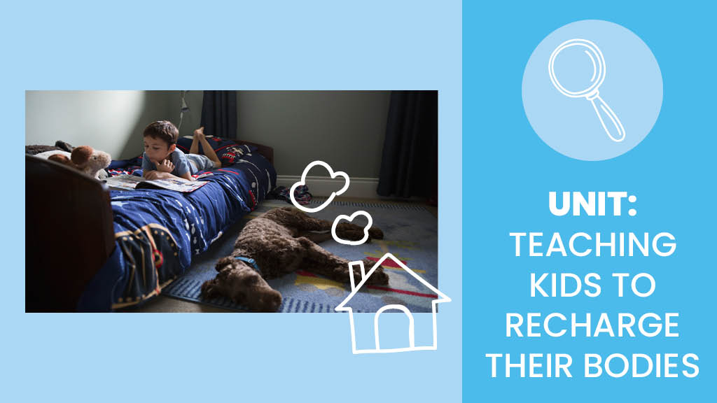 image of child reading on a bed with a dog on the floor - Sanford fit